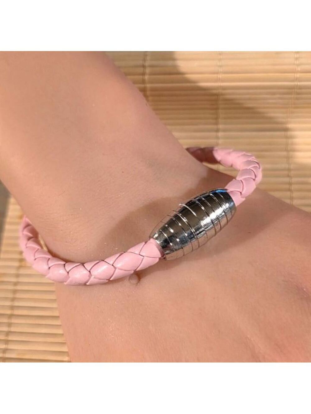 Light Pink Braided Thick Light Pink Vegan Leather Magnetic Clasp Bangle Bracelet